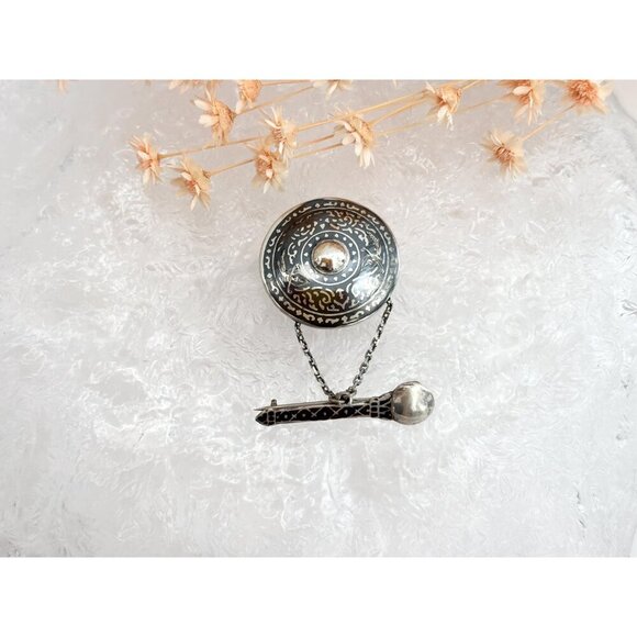 Shield & Sword Siam Sterling Silver Vintage Thai Made Dangle Style Brooch - Picture 4 of 10